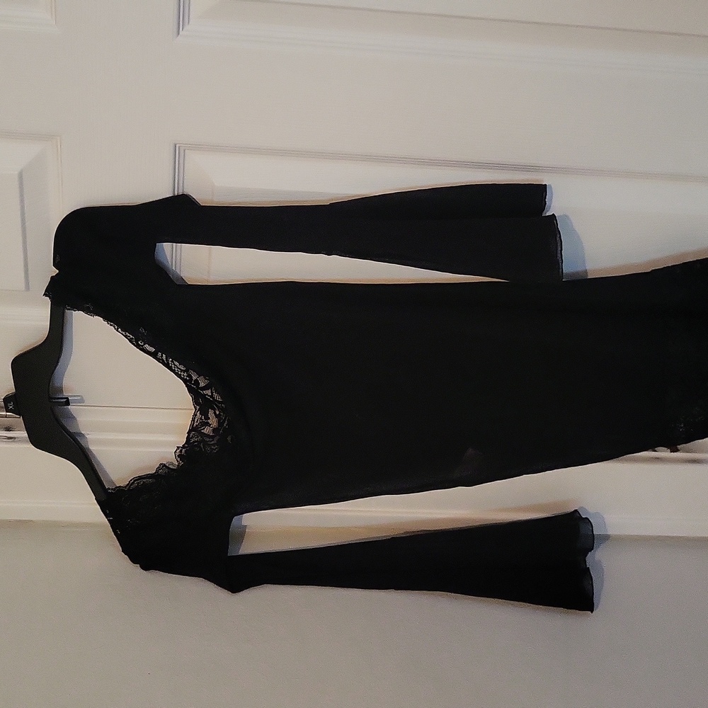 Black Lace Trim Off-Shoulder Intimate Sheer Dress With Laced Bell Sleeves
